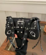 Punk Studded Crossbody Bag – Black Leather Buckle Shoulder Bag