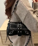 Punk Studded Crossbody Bag – Black Leather Buckle Shoulder Bag - Image 2