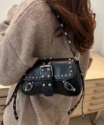 Punk Studded Crossbody Bag – Black Leather Buckle Shoulder Bag - Image 7