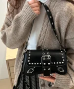 Punk Studded Crossbody Bag – Black Leather Buckle Shoulder Bag - Image 6