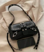 Punk Studded Crossbody Bag – Black Leather Buckle Shoulder Bag - Image 5