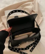 Punk Studded Crossbody Bag – Black Leather Buckle Shoulder Bag - Image 4