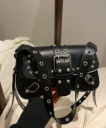 Punk Studded Crossbody Bag – Black Leather Buckle Shoulder Bag - Image 3