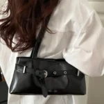 Glossy Leather Baguette Bag with Belt Detail – Women’s Shoulder Handbag