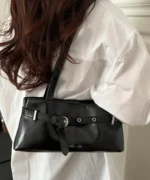 Glossy Leather Baguette Bag with Belt Detail – Women’s Shoulder Handbag
