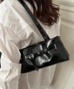 Glossy Leather Baguette Bag with Belt Detail – Women’s Shoulder Handbag - Image 3