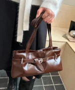 Glossy Leather Baguette Bag with Belt Detail – Women’s Shoulder Handbag - Image 5