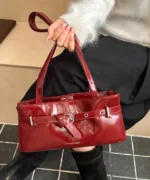 Glossy Leather Baguette Bag with Belt Detail – Women’s Shoulder Handbag - Image 6