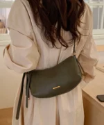Vintage PU Leather Crescent Baguette Shoulder Bag - Image 9