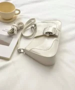 Glossy PU Leather Buckle Baguette Shoulder Bag - Image 6