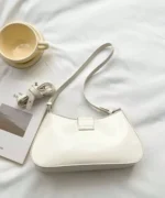 Glossy PU Leather Buckle Baguette Shoulder Bag - Image 8