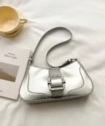 Glossy PU Leather Buckle Baguette Shoulder Bag - Image 9