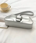 Glossy PU Leather Buckle Baguette Shoulder Bag - Image 10