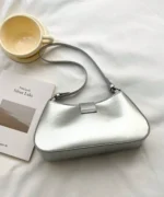 Glossy PU Leather Buckle Baguette Shoulder Bag - Image 11