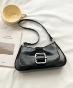 Glossy PU Leather Buckle Baguette Shoulder Bag - Image 2