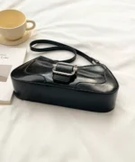 Glossy PU Leather Buckle Baguette Shoulder Bag - Image 5