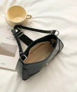 Glossy PU Leather Buckle Baguette Shoulder Bag - Image 3
