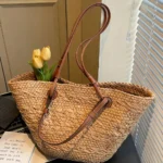 Large Woven Straw Tote Bag with Leather Handles