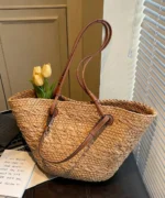 Large Woven Straw Tote Bag with Leather Handles