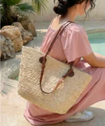 Large Woven Straw Tote Bag with Leather Handles - Image 6