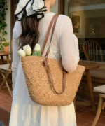 Large Woven Straw Tote Bag with Leather Handles - Image 2