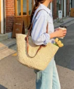 Large Woven Straw Tote Bag with Leather Handles - Image 7