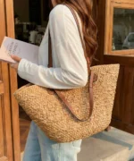 Large Woven Straw Tote Bag with Leather Handles - Image 3