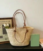 Large Woven Straw Tote Bag with Leather Handles - Image 5