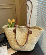Large Woven Straw Tote Bag with Leather Handles - Image 4