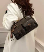 Vintage Brown Dome Shoulder Bag with Charm - Image 10