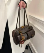Vintage Brown Dome Shoulder Bag with Charm - Image 9