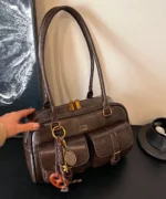 Vintage Brown Dome Shoulder Bag with Charm - Image 8