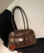 Vintage Brown Dome Shoulder Bag with Charm - Image 7
