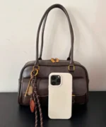 Vintage Brown Dome Shoulder Bag with Charm - Image 4