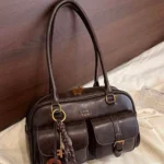 Vintage Brown Dome Shoulder Bag with Charm