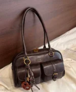 Vintage Brown Dome Shoulder Bag with Charm