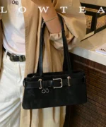 Vintage Suede Tote Bag with Belt Detail – Retro Shoulder Edition - Image 3