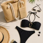 Bandeau Beach Set: Ring Detail Bikini + Straw Tote