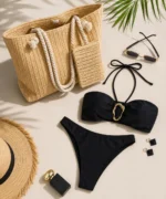 Bandeau Beach Set: Ring Detail Bikini + Straw Tote