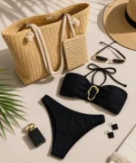 Bandeau Beach Set: Ring Detail Bikini + Straw Tote - Image 2