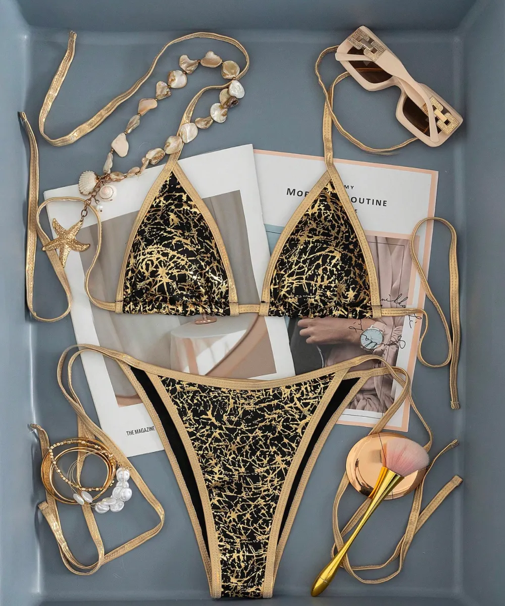 blackgoldmetallictrianglebikiniset07 Black Gold Metallic Triangle Bikini Set - Image 1
