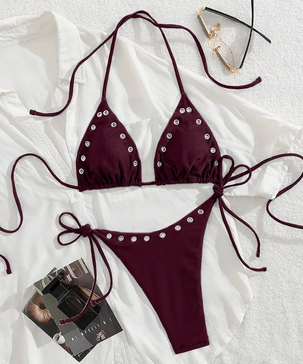 burgundygrommettrianglebikiniset05 Burgundy Grommet Triangle Bikini Set - Image 1