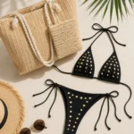 Golden Beach Set: Gold Disc Bikini + Straw Tote