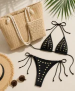 Golden Beach Set: Gold Disc Bikini + Straw Tote