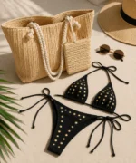 Golden Beach Set: Gold Disc Bikini + Straw Tote - Image 2
