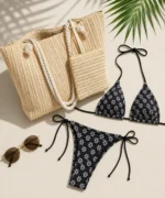 Summer Beach Set: Floral Bikini + Straw Tote
